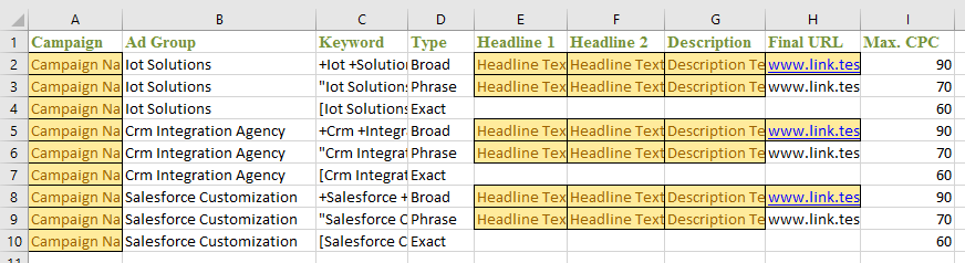 creating excel for adwords editor